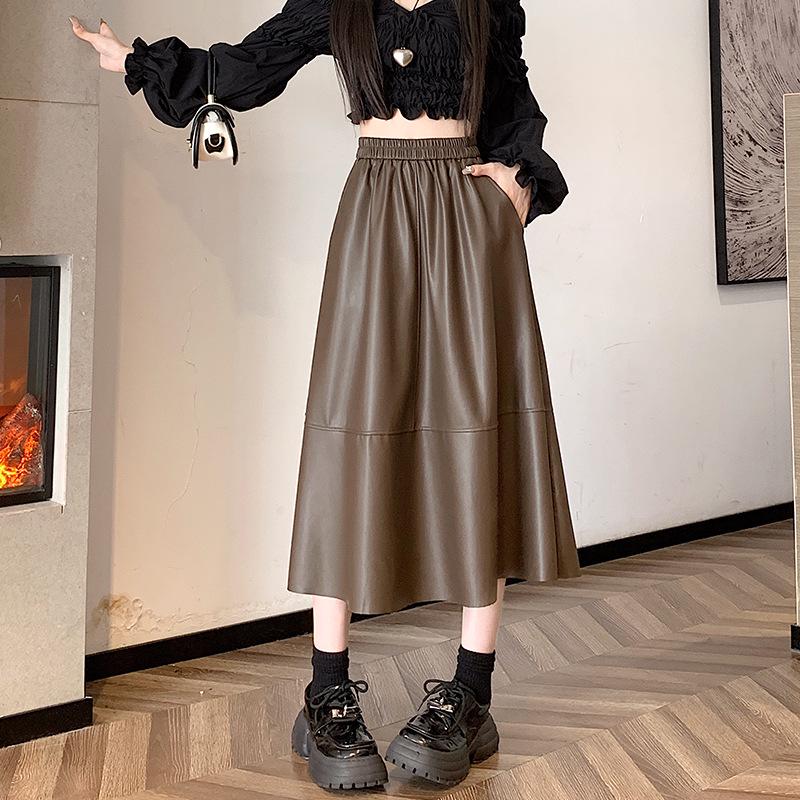 Women's PU Leather A-Line Midi Skirt: Autumn/Winter High Waist, Large Swing, Hip-Covering, Casual Temperament.