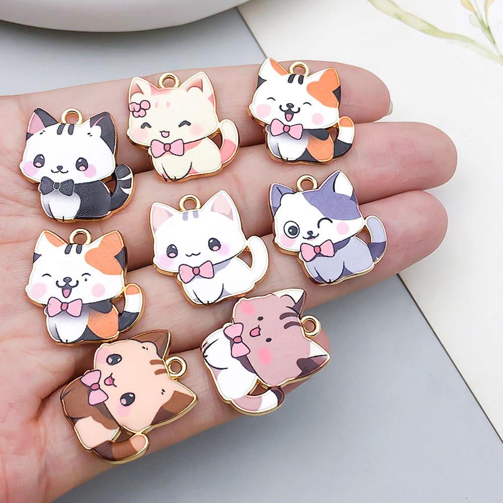 Colorful Enamel Alloy Cat Charms for DIY Bracelets - Set of 10