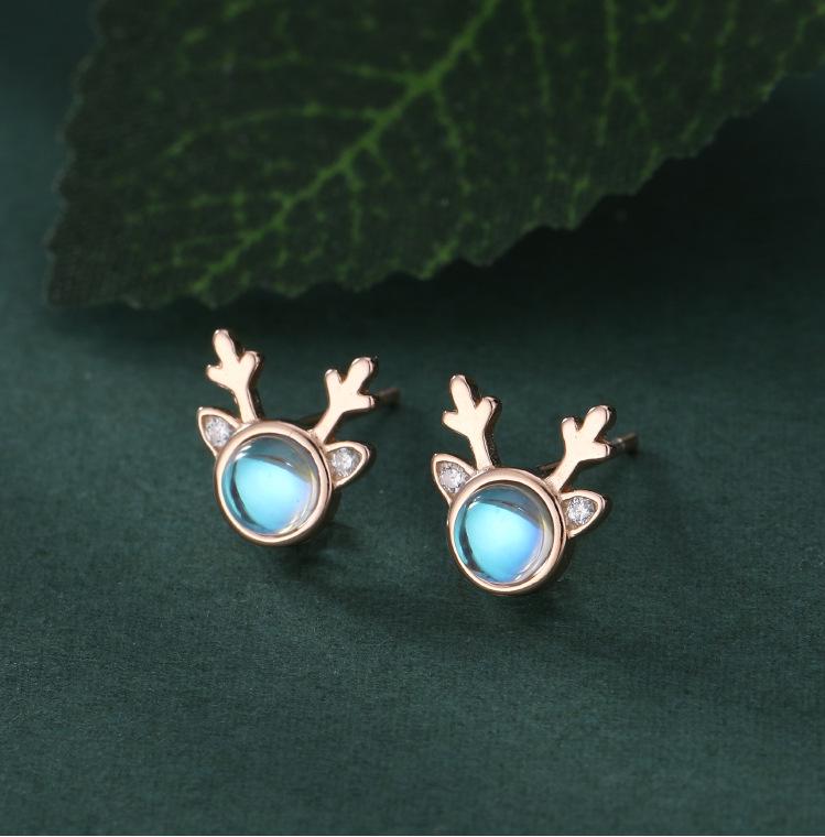 Higu E1015 S925 Silver Moonstone Antler Stud Earrings - New Christmas Trend, Mori Style