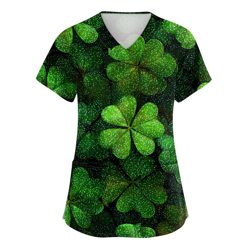 Women's V-neck St. Patrick's Day Printed Short-sleeved Pocket Side-slit Protective Suit Top