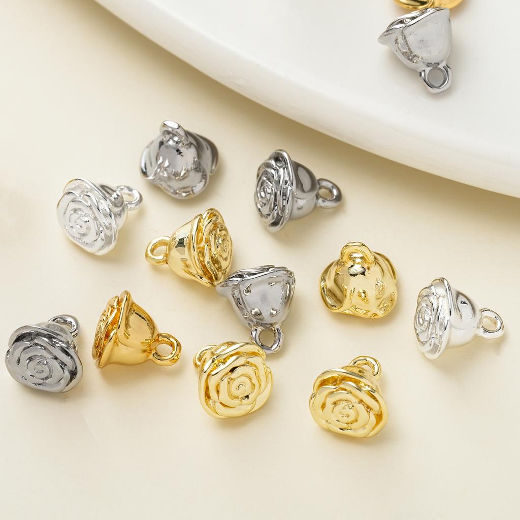 2PiecePack 14/18K Gold Color Plated Rose Flower Charms Pendants for DIY Bracelet Necklace Jewelry Making Accessories