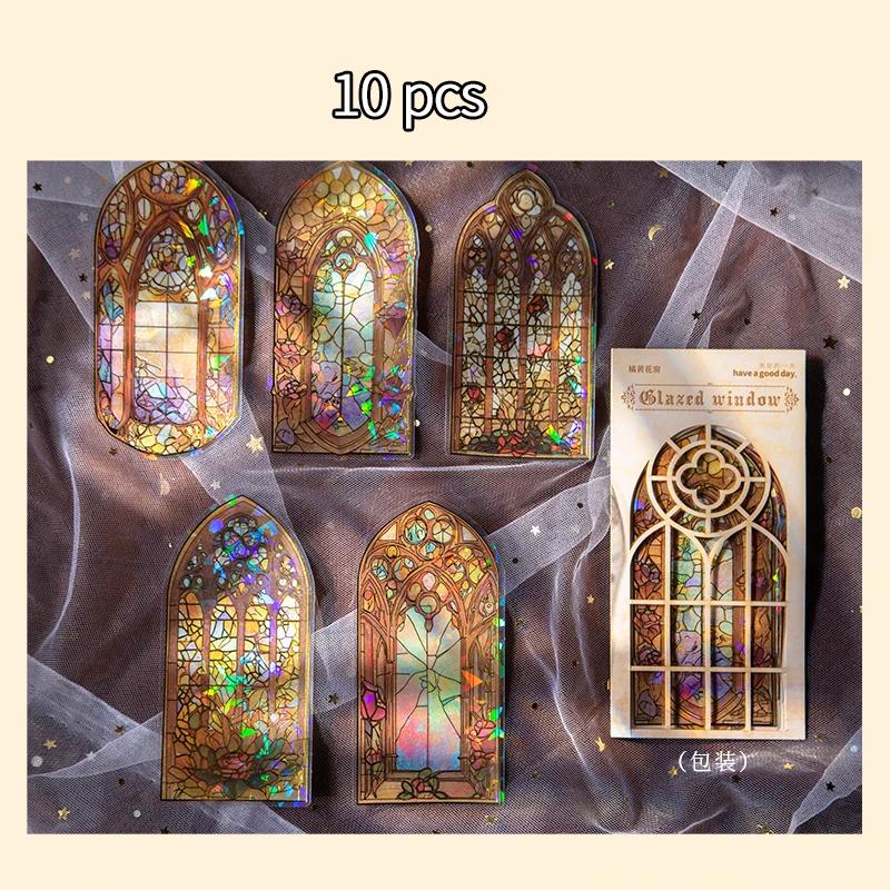 10pcs Large size Flowers Window Stickers Gold Foil Decor Junk Journal DIY Srapbooking Collage Stationery PET Twinkle Stickers