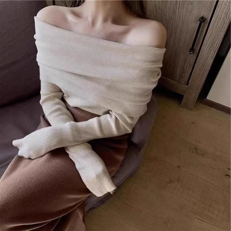 

Корейский элегантный трикотажный свитер с открытыми плечами для женщин, новый дизайн, модный винтажный однотонный джемпер, модные элегантные топы на осень XL абрикосовый