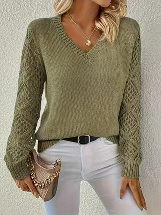 Maglione Solido a Maniche Lunghe Scollo a V Intrecciato Xiyin