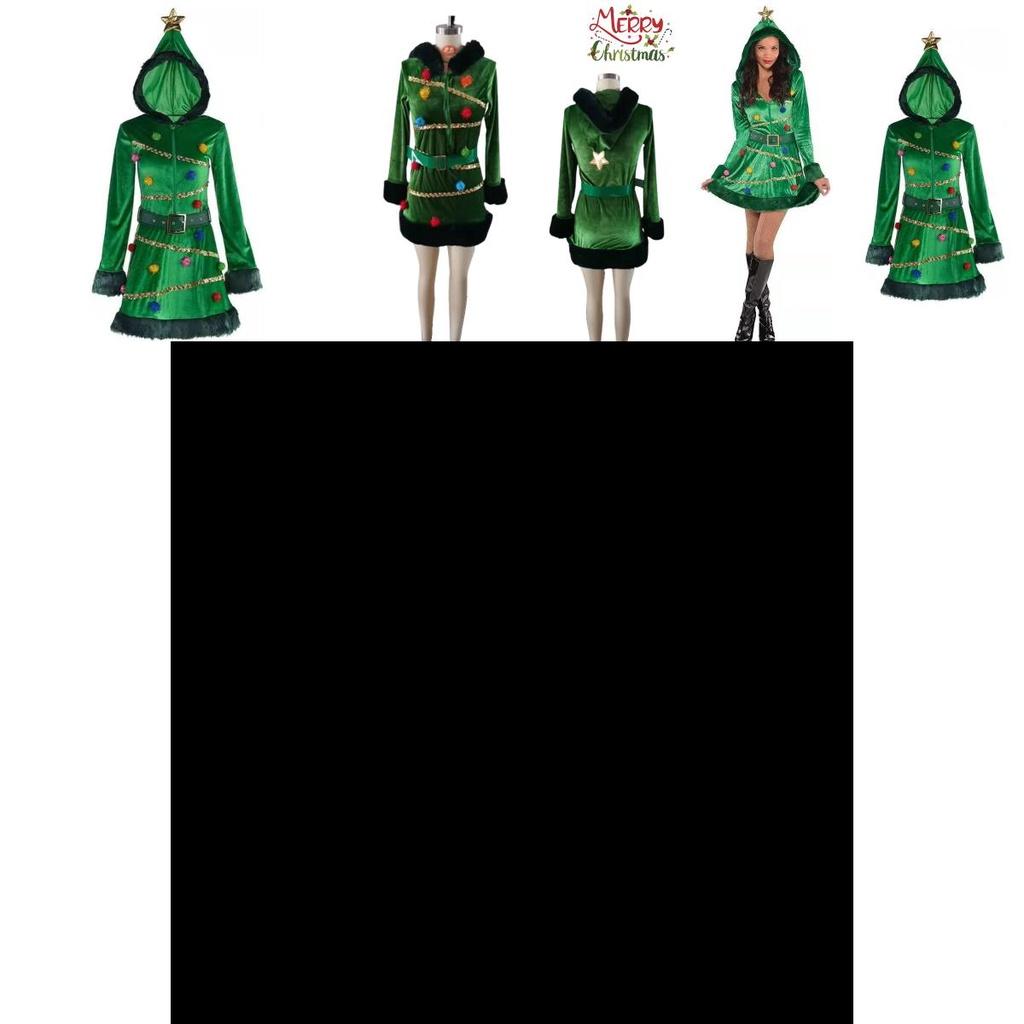 Precioso Vestido de Árbol de Navidad para Mujer Manga Larga Sombrero Cinturón Conjunto Regalo de Navidad