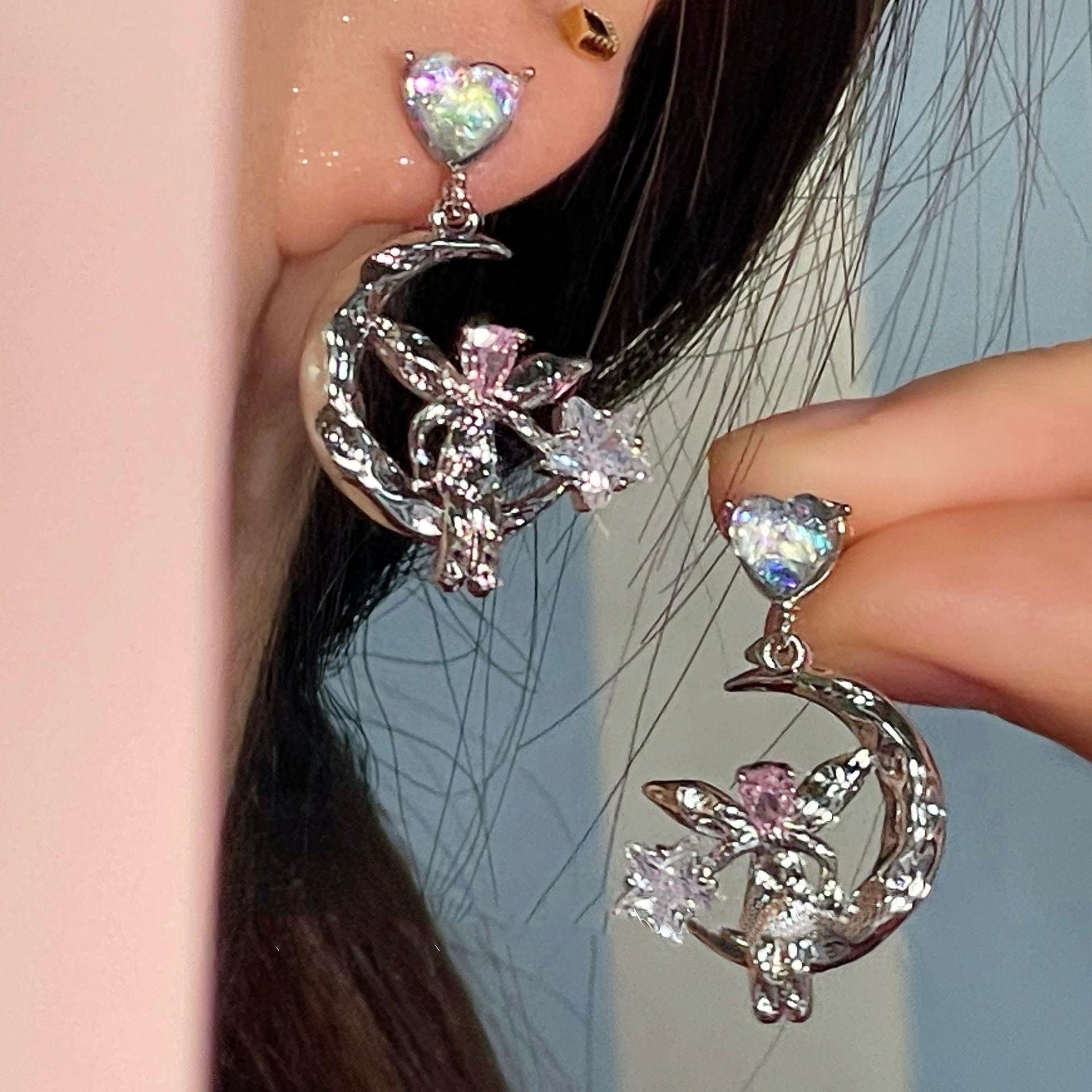 Love zircon star stud earrings popular summer earrings niche design moon elf earrings