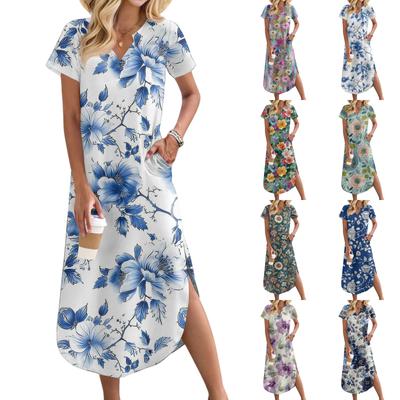 Vestidos Longos Florais Casuais Confortáveis de Verão para Mulheres com Decote V, Bainha Solta e Fenda, Manga Curta