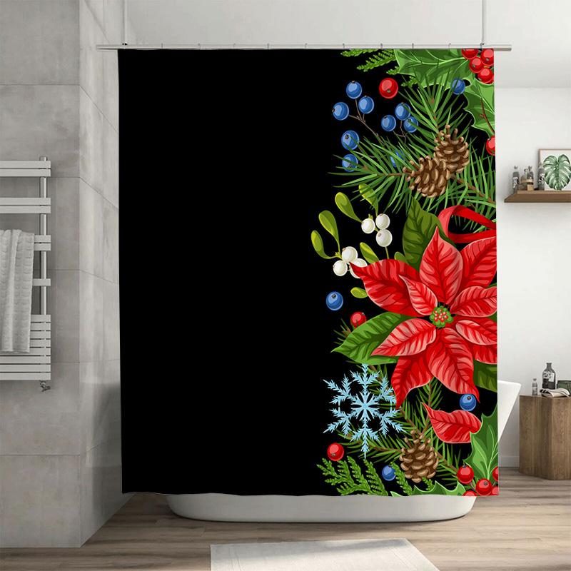 

Tu Christmas Shower Curtain Holiday Festive Winter Botanical Red Poinsettia Floral Pattern Bathroom Decor Waterproof Fabric Back W60H190(CM)-1 Pcs