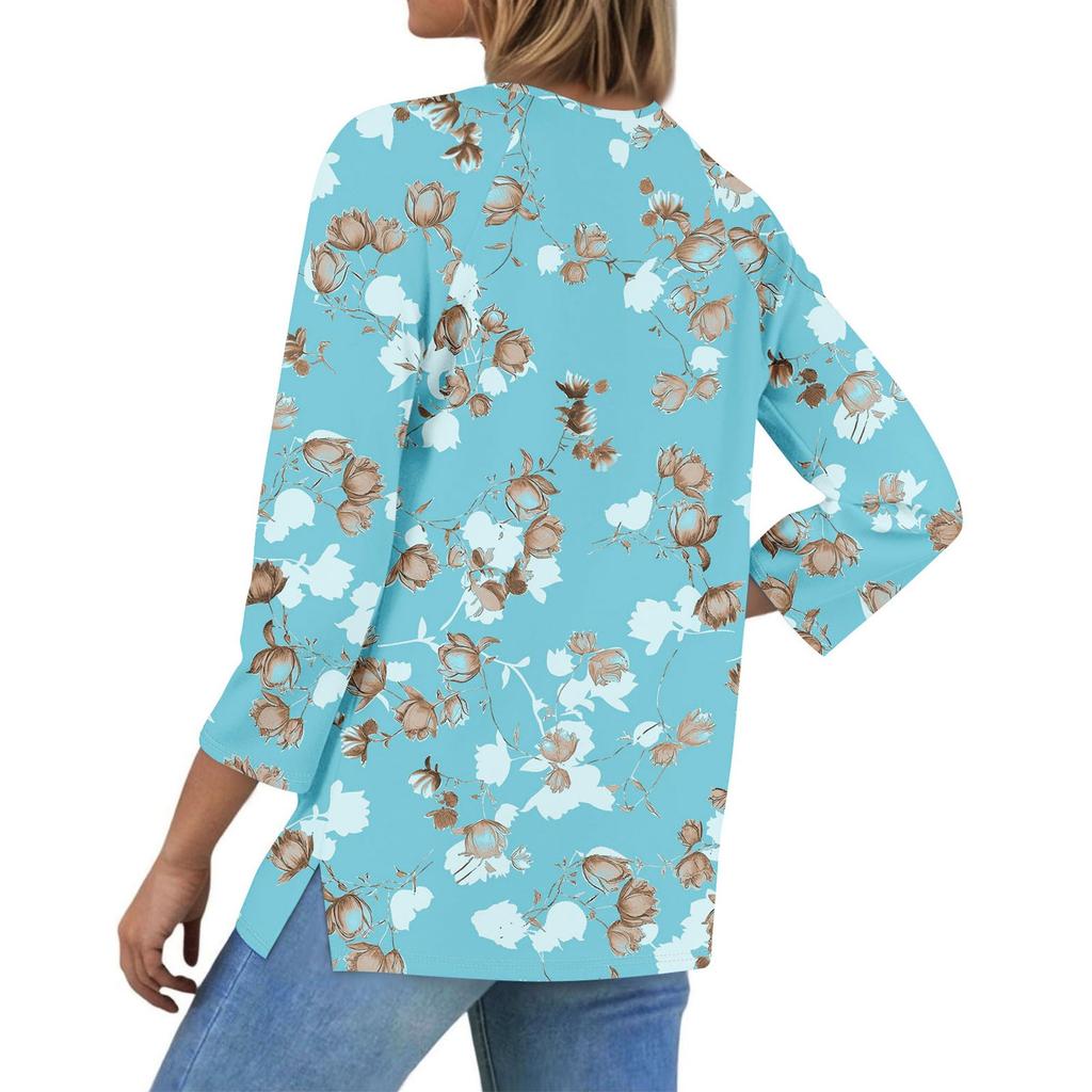 Ladies Casual Fashion V-neck Loose Versatile Floral Print Three-quarter Sleeves