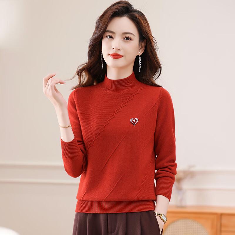 Fengxun Women's 100% Wool Semi-High Neck Thickened Base Layer Sweater