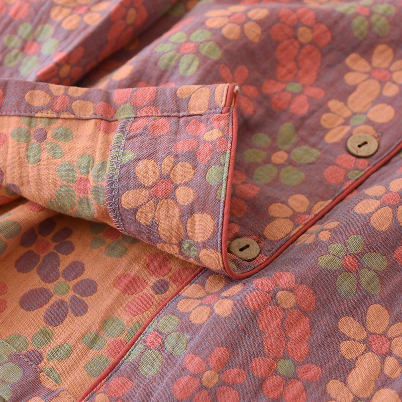 Pijamale de damă cu imprimeu floral etnic - Mânecă lungă, Bumbac pur, Gaze dublu strat, pentru Primăvară și Toamnă - Perfecte pentru femei de vârstă mijlocie și vârstnice.