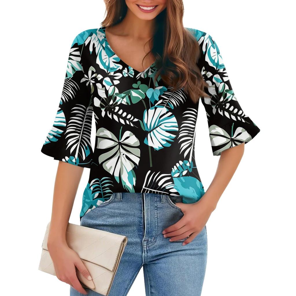 Damen Casual Fashion V-Ausschnitt Pullover Lose Pendeln Floral Fünf-Punkt-Ärmel T-Shirt Top