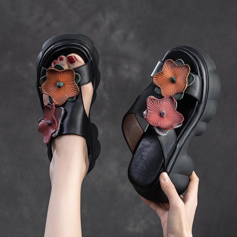 Zapatillas de cuero genuino a la moda con suela gruesa y punta abierta para exteriores, zapatos de plataforma para mujer
