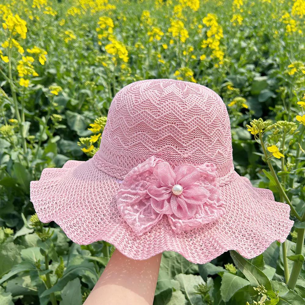

WTEMPO Женские однотонные складные солнцезащитные шляпы весна-лето с жемчужным цветком и бантом, широкие поля для путешествий, пляжа, дышащие солнцезащитные шляпы 1pc розовый