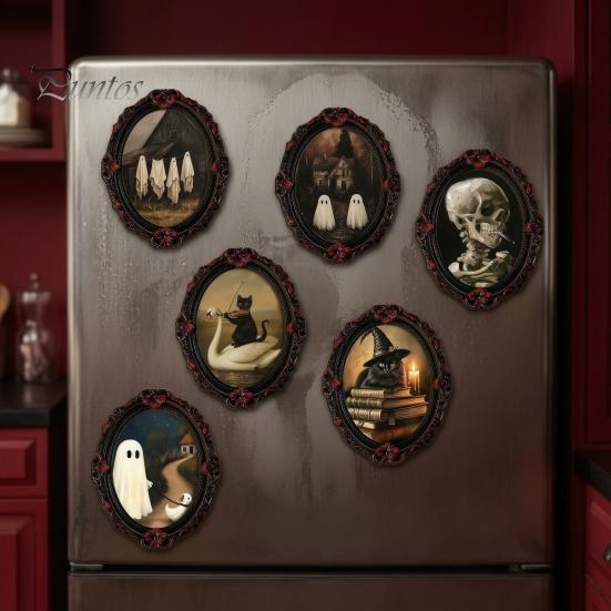 Dark Academia Home Accessories Halloween Wooden Refrigerator Magnet, Vintage Gothic Fridge Magnets, Oval Frame Decorative Metal Surface Magnets