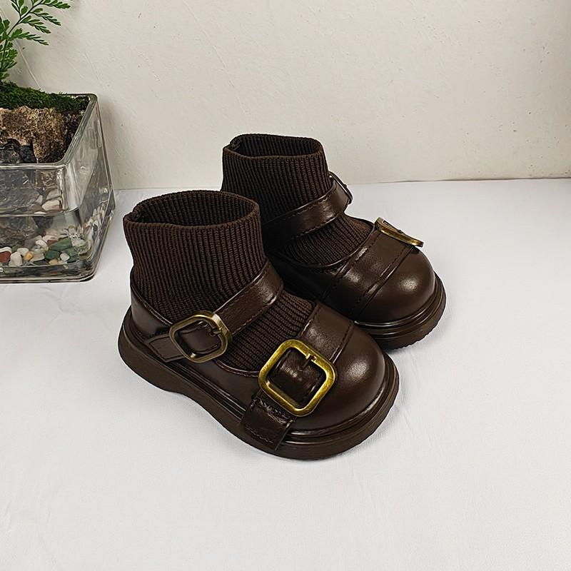 

Baby girl toddler shoes spring and autumn new children s belt buckle princess socks boots British style flying knitting small leather boots versatile 15 inner length about 12CM