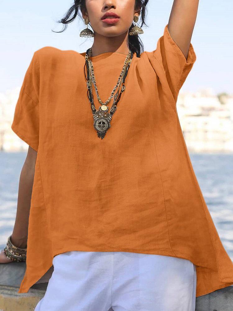 2024 Damen Frühling/Sommer Einfarbig Baumwolle-Leinen Locker Rundhals Shirt mit Unregelmäßigem Saum und Kurzen Ärmeln.