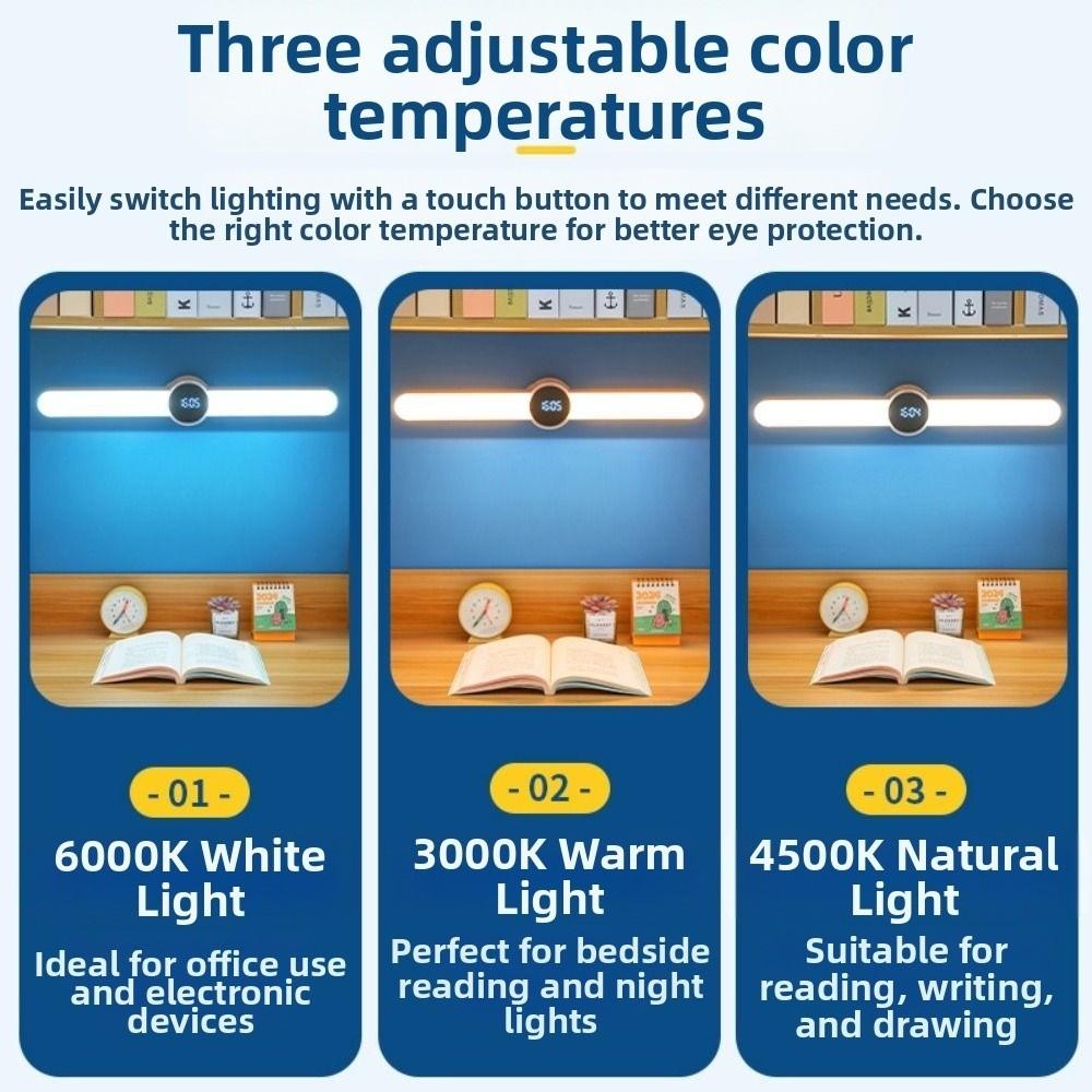 USB Rechargeable Desk Lamp Eye Protection Magnet Adsorption Reading Night Light Stepless Dimming Digital Clock Charging Lamp
