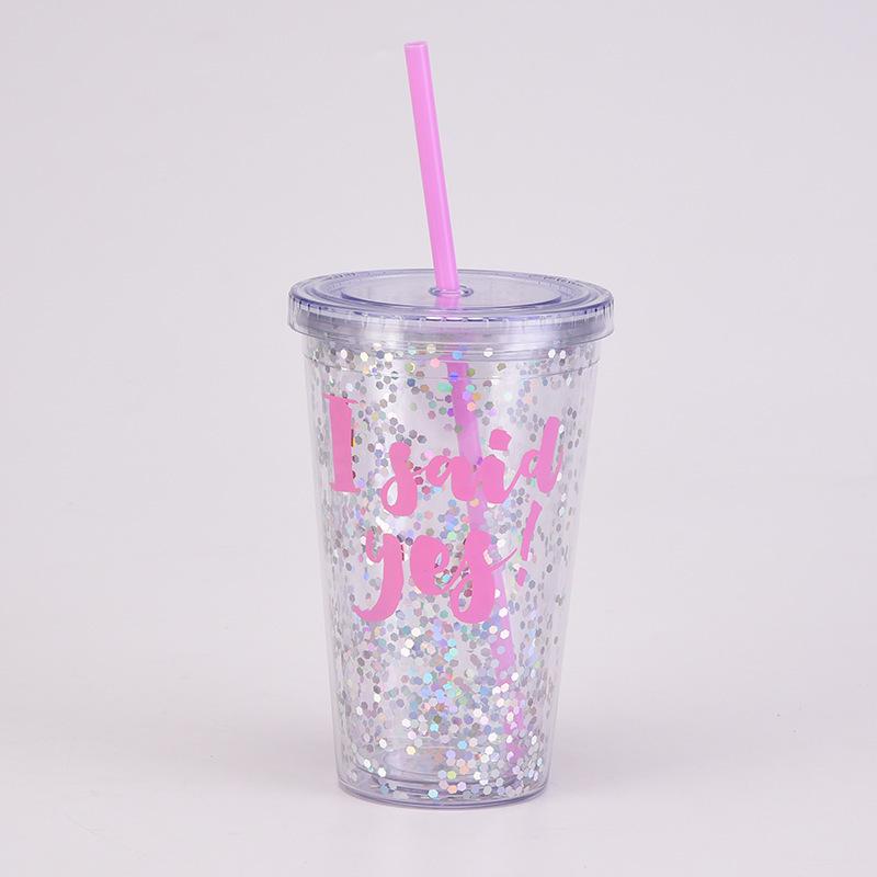 Gifts Wedding Water Cup 16Oz Double Layer Plastic Straw Cup Transparent Simple Sequin Plastic Cup Female