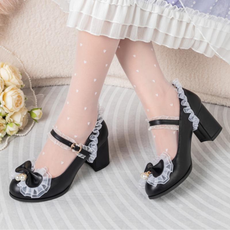 Women's Block Heels Mary Janes Lolitas Shoes 2025 Sweet Pink Black White Heeled Party Wedding Dance Shoes Female Large Size 45