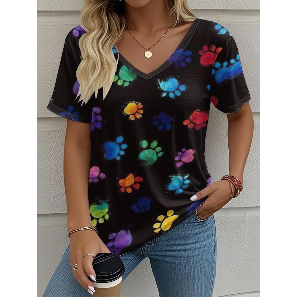 Cat Women's V-neck T-shirt Summer Outdoor Casual Short Sleeve Tops 3D Cute Cat Hand Printed OverSize Women's Clothing