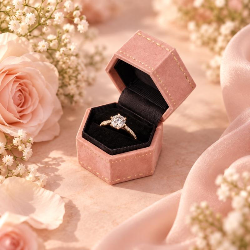 Hexagonal Ring Presentation Box with Black Interior, Gold-Tone Border Pattern, and Attached Lid for Retail Display