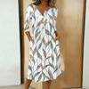 Rochie casual de damă la modă, cu imprimeu colorat, gât rotund, mânecă 3/4, guler cu nasturi, lungime medie