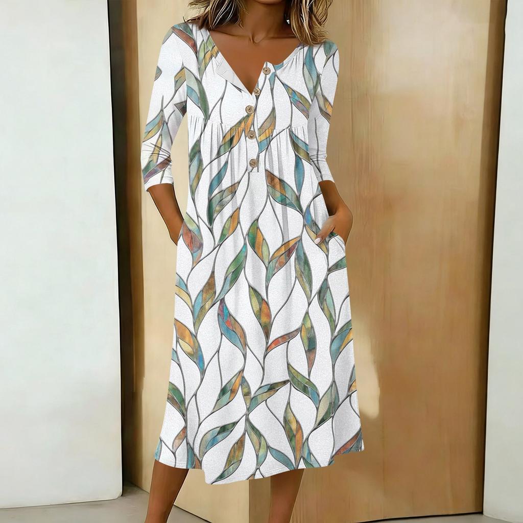 Rochie casual de damă la modă, cu imprimeu colorat, gât rotund, mânecă 3/4, guler cu nasturi, lungime medie