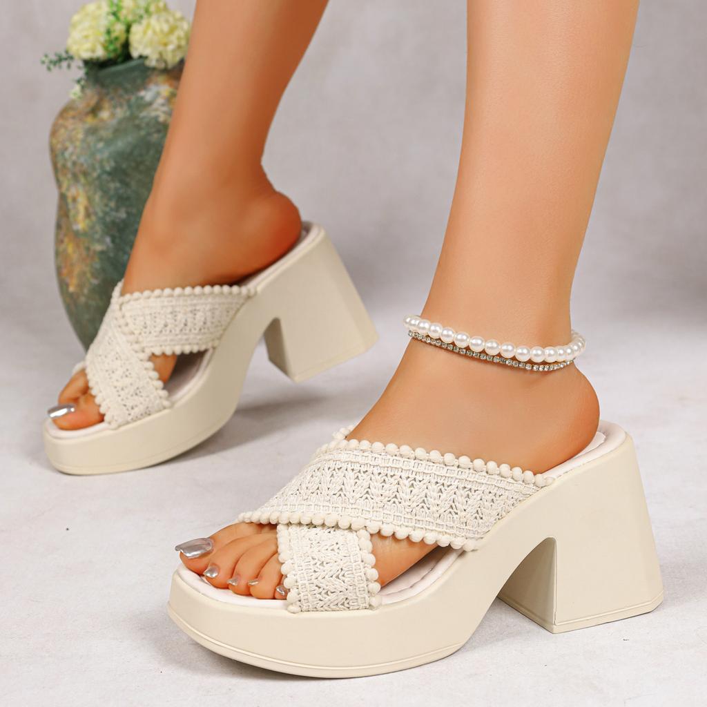 Women High Heel Sandals Thick Sole Chunky Platform Slippers Cross Band Decor Wedges Shoes Woman Summer Plus Size Comfort Shoes