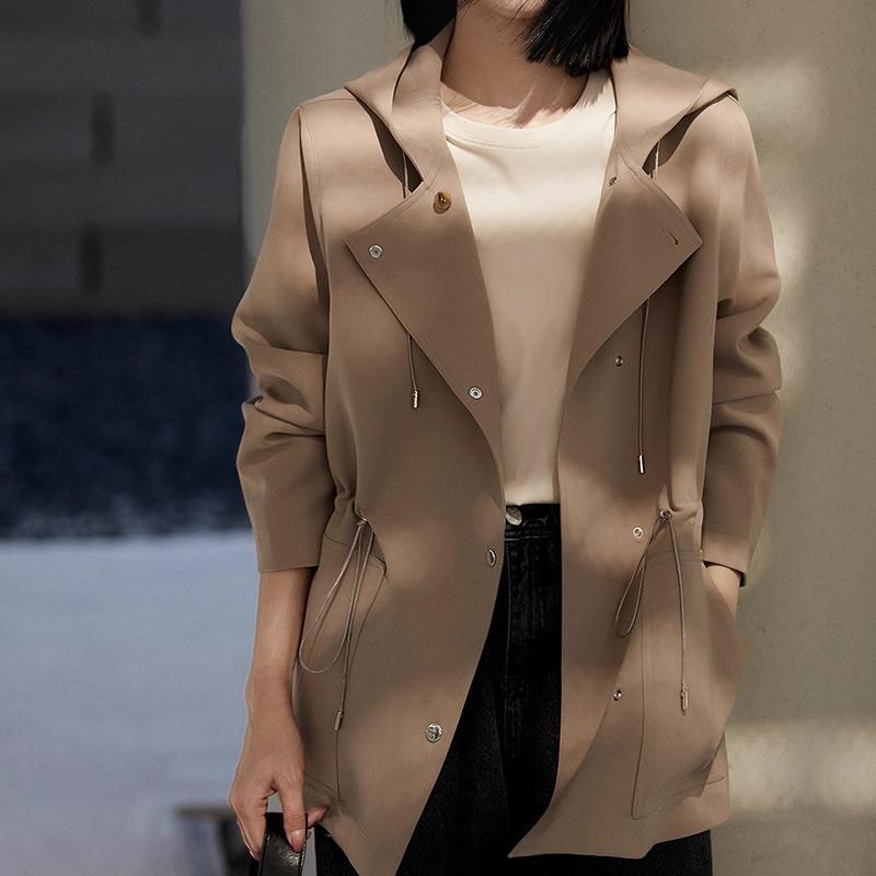 Kesa hooded waist trench coat, short top, spring new casual women's clothing, high sense