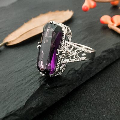 10 * 20 mm großer Amethyst-Edelsteinring, ausgehöhlter 925er Sterlingsilber-Verlobungsring, übertriebener silberner Handschmuck für Frauen