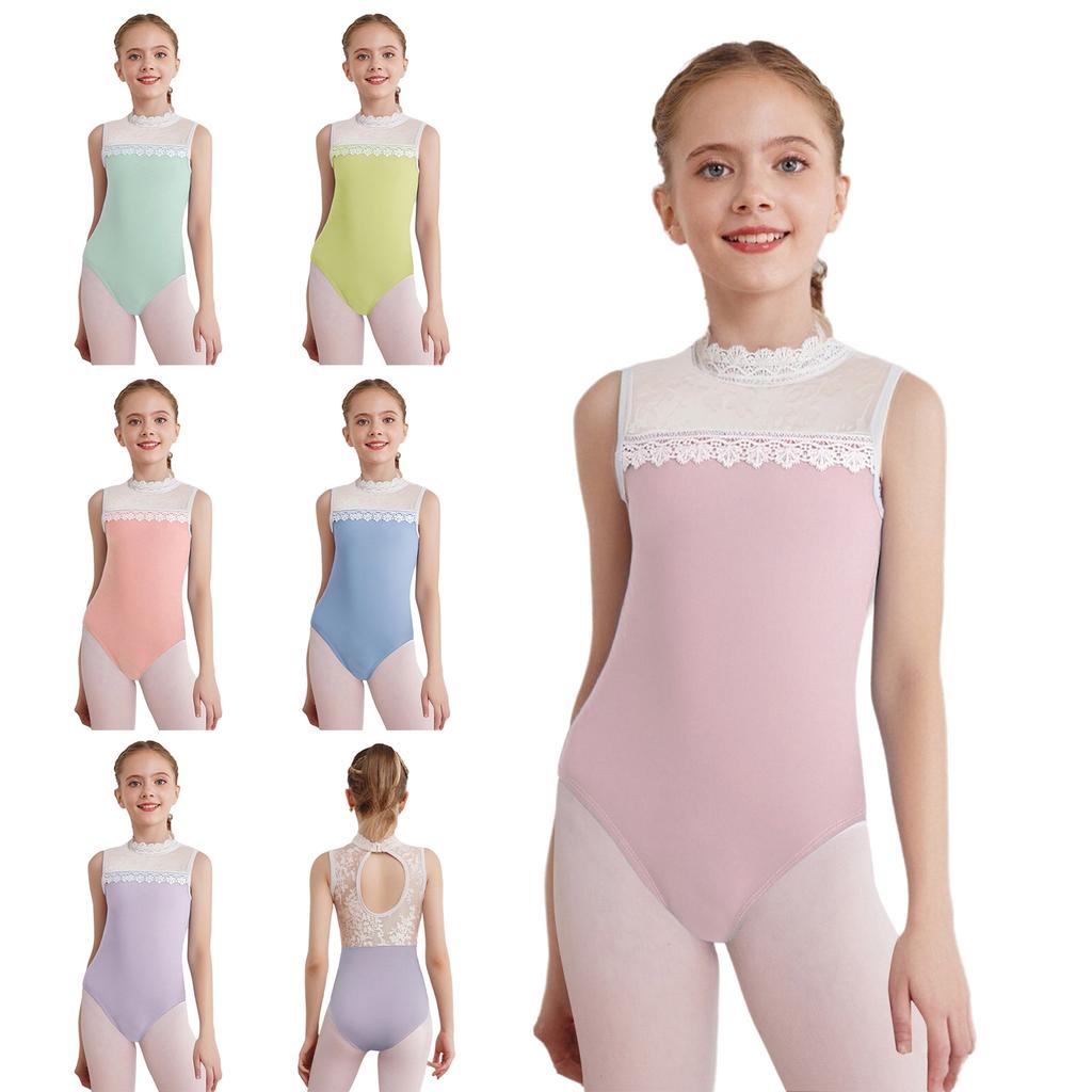 Girls Gymnastics Bodysuit Delicate Lace Collar Sheer Mesh Patchwork Design Sleeveless Leotard
