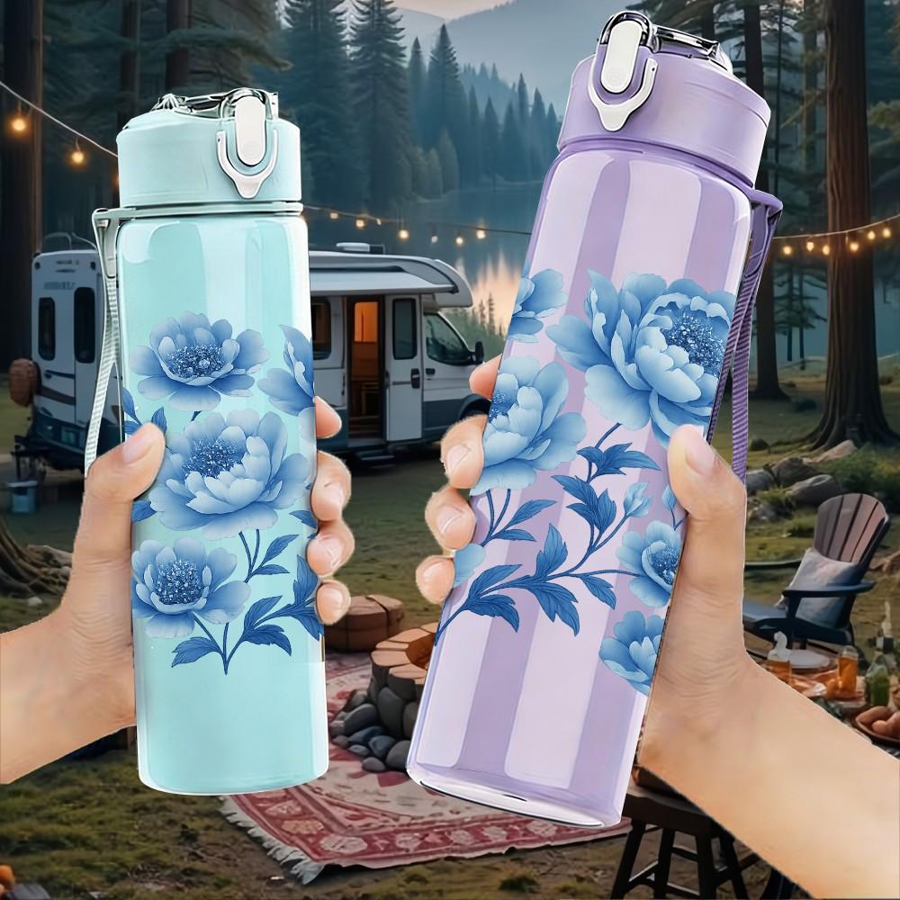 1PC Blue Rose Bouquet Pattern 750ml Color Plastic Sports Water Bottle Leakproof Flip Straw Lid Suitable for Sports Office Home Use