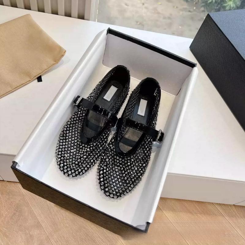 

AIaF new hollow full rhinestone fishing net ballet shoes women s flat mesh belt buckle Mary Jane single shoes 35