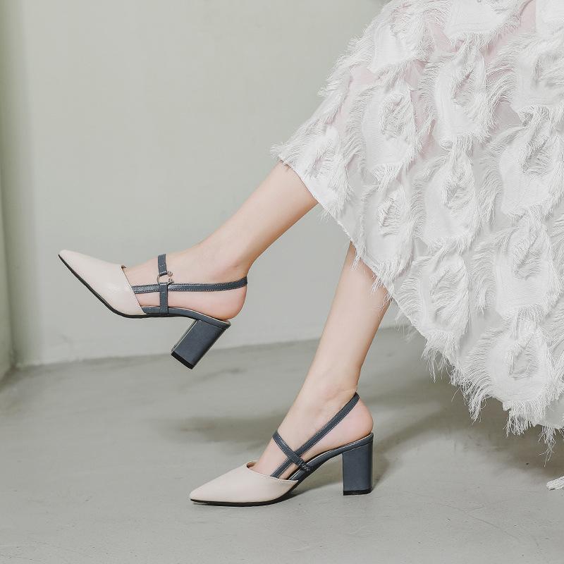 Fashion Korean style pointed toe high heels sandals women mixed color cutout summer leather pumps female chunky heel skirt sandalias