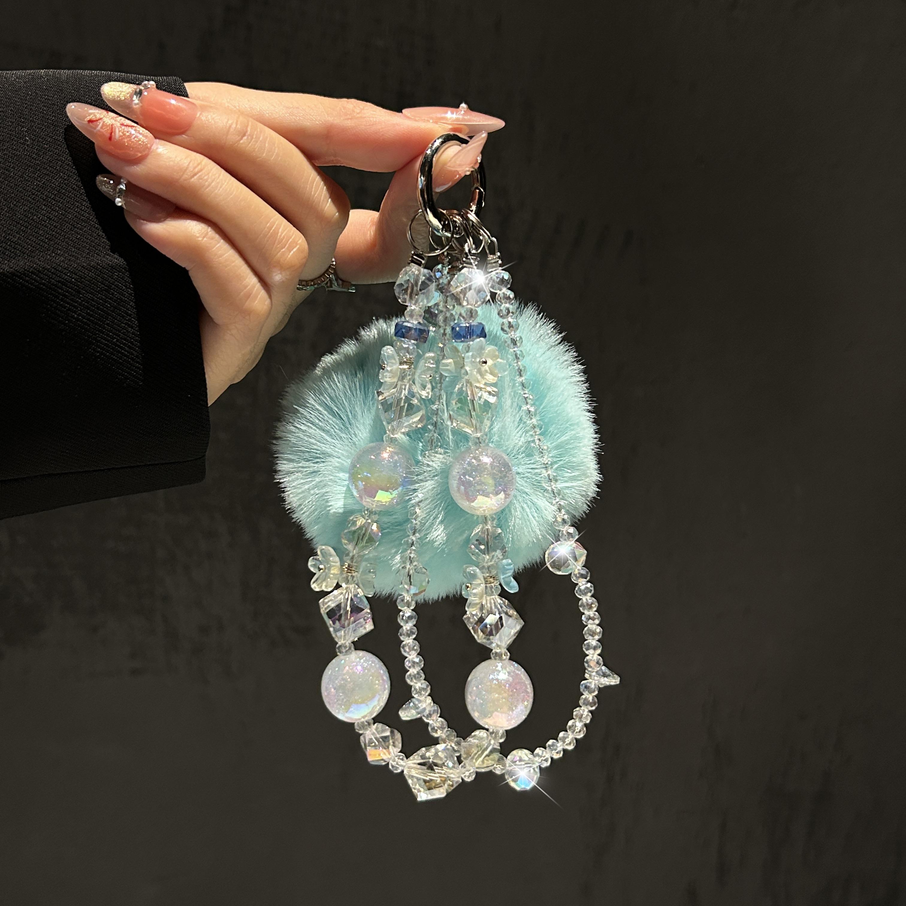 Fluffy Pom Pom Crystal Phone Lanyard, Colorful Beaded Anti-Lost Strap, Keychain & Bag Charm for Girls Chain небо