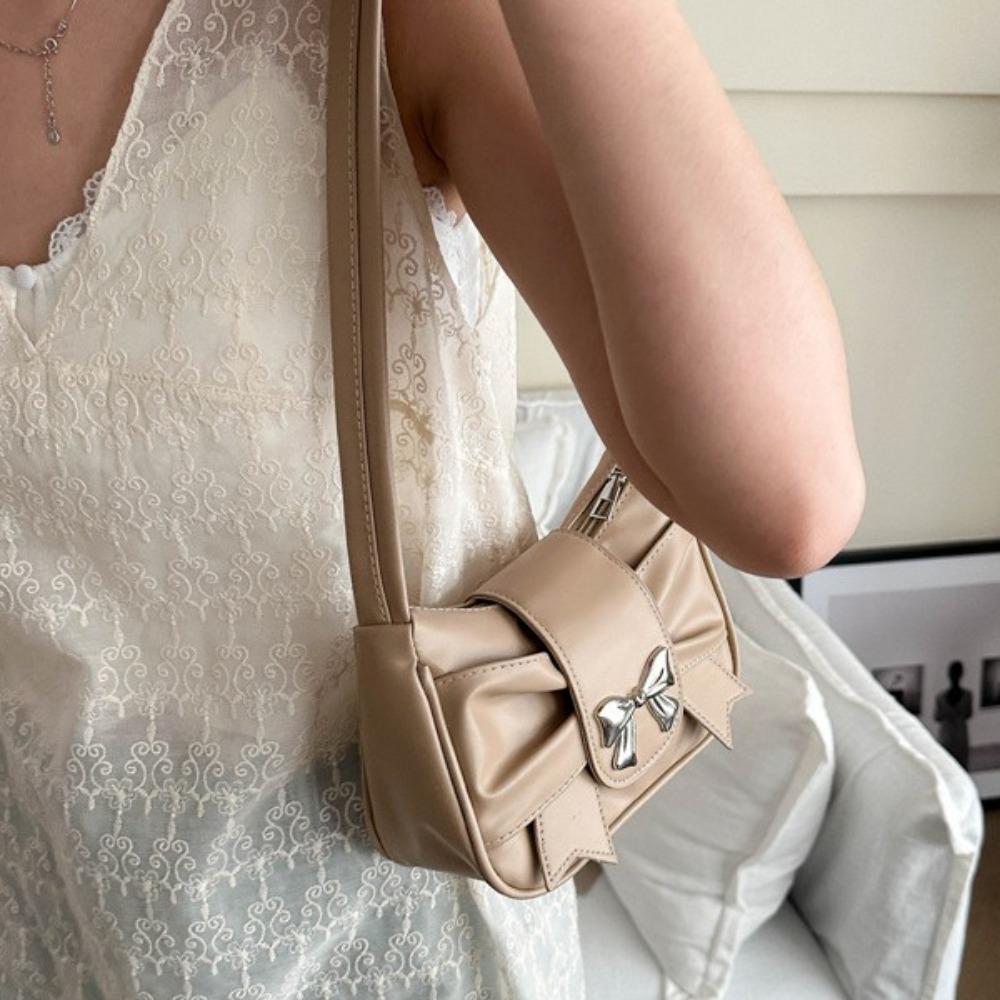 Soft Square Pleated Handbag Underarm Bow  Armpit Bag Sweet Bowknot Shoulder Bag  Outdoor