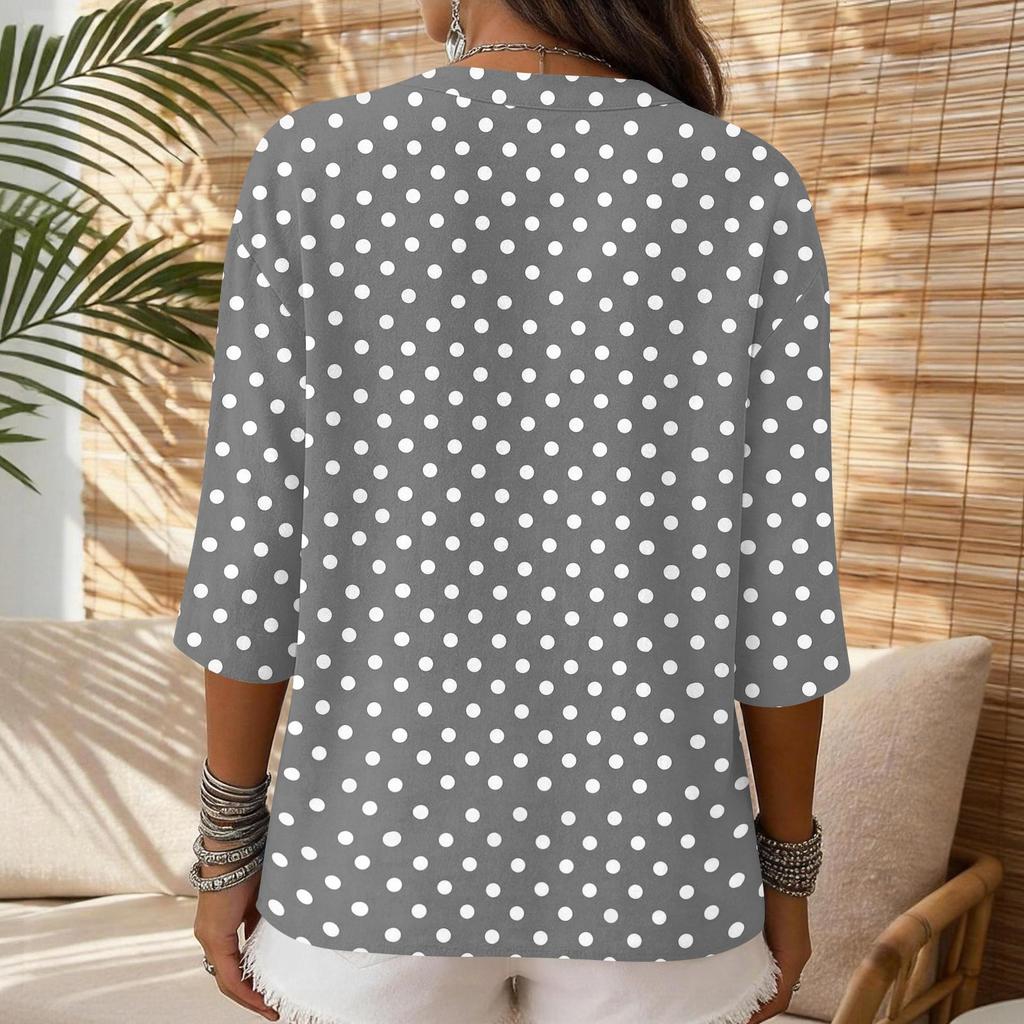Women Casual Polka Dot Print V Neck Button Front Three Quarter Sleeve Linen Blend Blouse Lightweight Loose Fit Top for Daily Wear