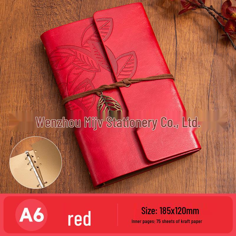 Retro A6 Leather Cover Notebook: Japanese Korean Style Planner & Travel Diary with Leaf Design and Strap.