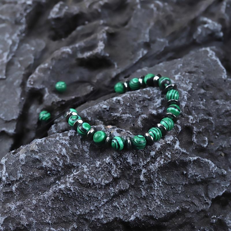 Handmade Adjustable Unisex Natural Malachite & Black Onyx Beaded Bracelet