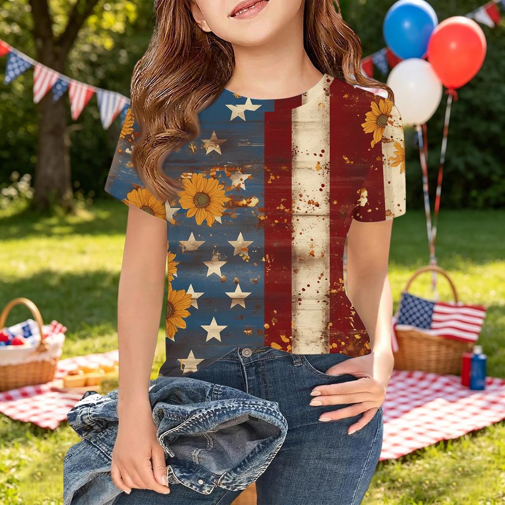 Girls Short Sleeve T Shirt Floral Print Lightweight Casual Tee Top Comfortable Fit Soft Fabric