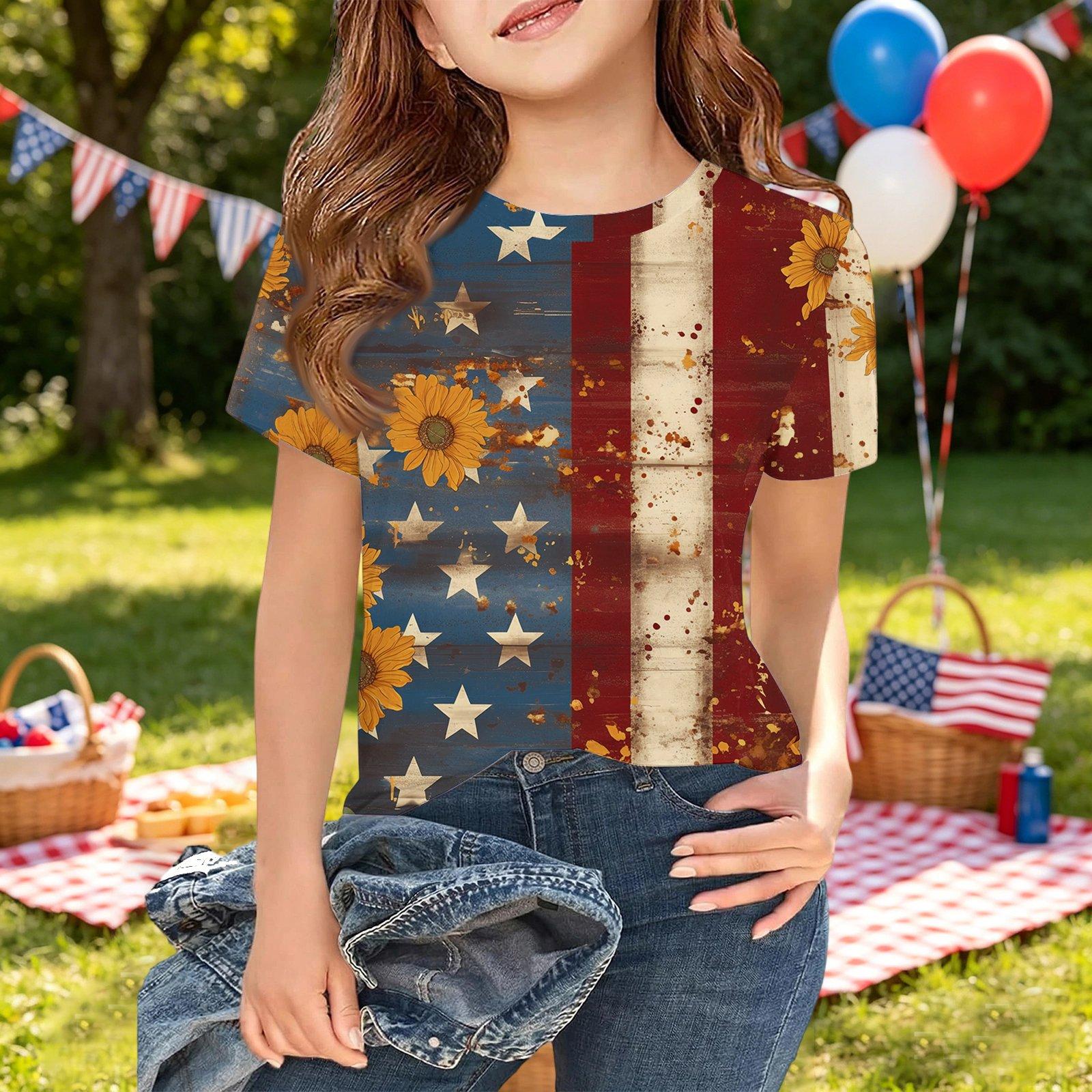 

Girls Independence Day Printed Short Sleeve T Shirt Top Casual Tee Shirt for Kids Comfortable Fit Soft Fabric 110