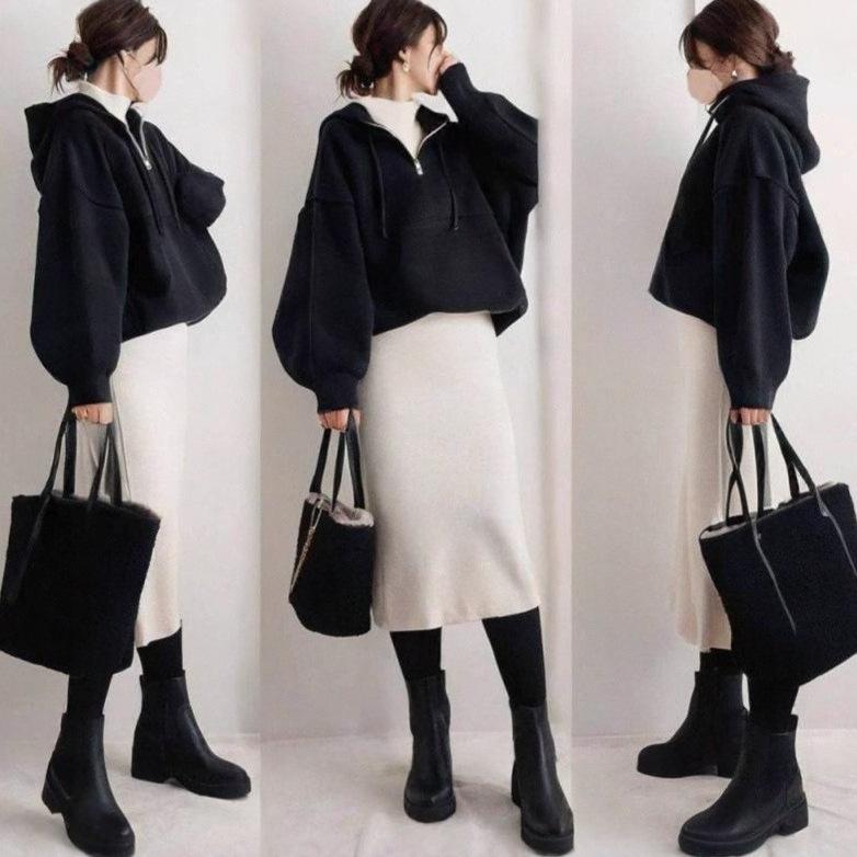 Two-Piece Japanese-Korean Style Hoodie Set: Zippered Long-Sleeve Top + Straight-Leg Half Skirt for Women