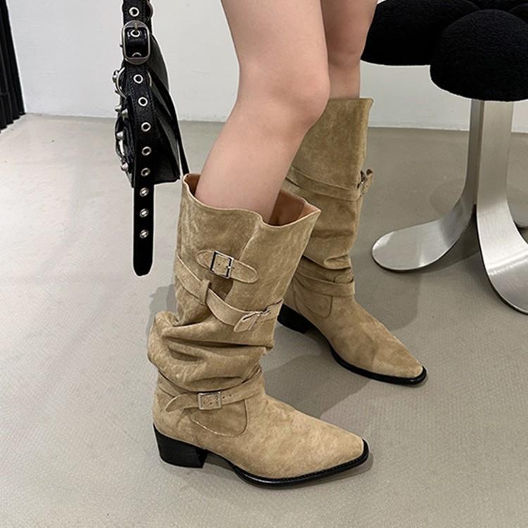 Boots women's 2025 autumn and winter new large tube circumference pleated piling boots suede thick heel boots but knee women's boots