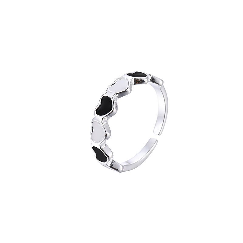 

925 Sterling Silver Black And White Heart Connected Adjustable Rings For Women Engagement Wedding Vintage Jewellery Argent 925 серебряный