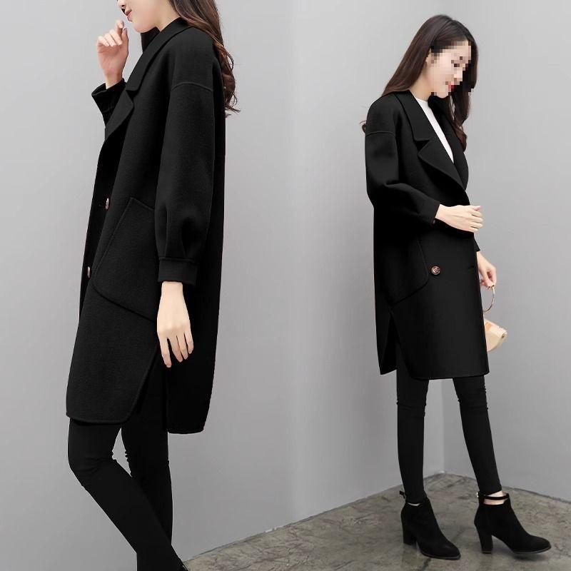 Petite Women's Mid-Length Lantern Sleeve Black Wool Coat - 2025 Korean Style for Autumn and Spring