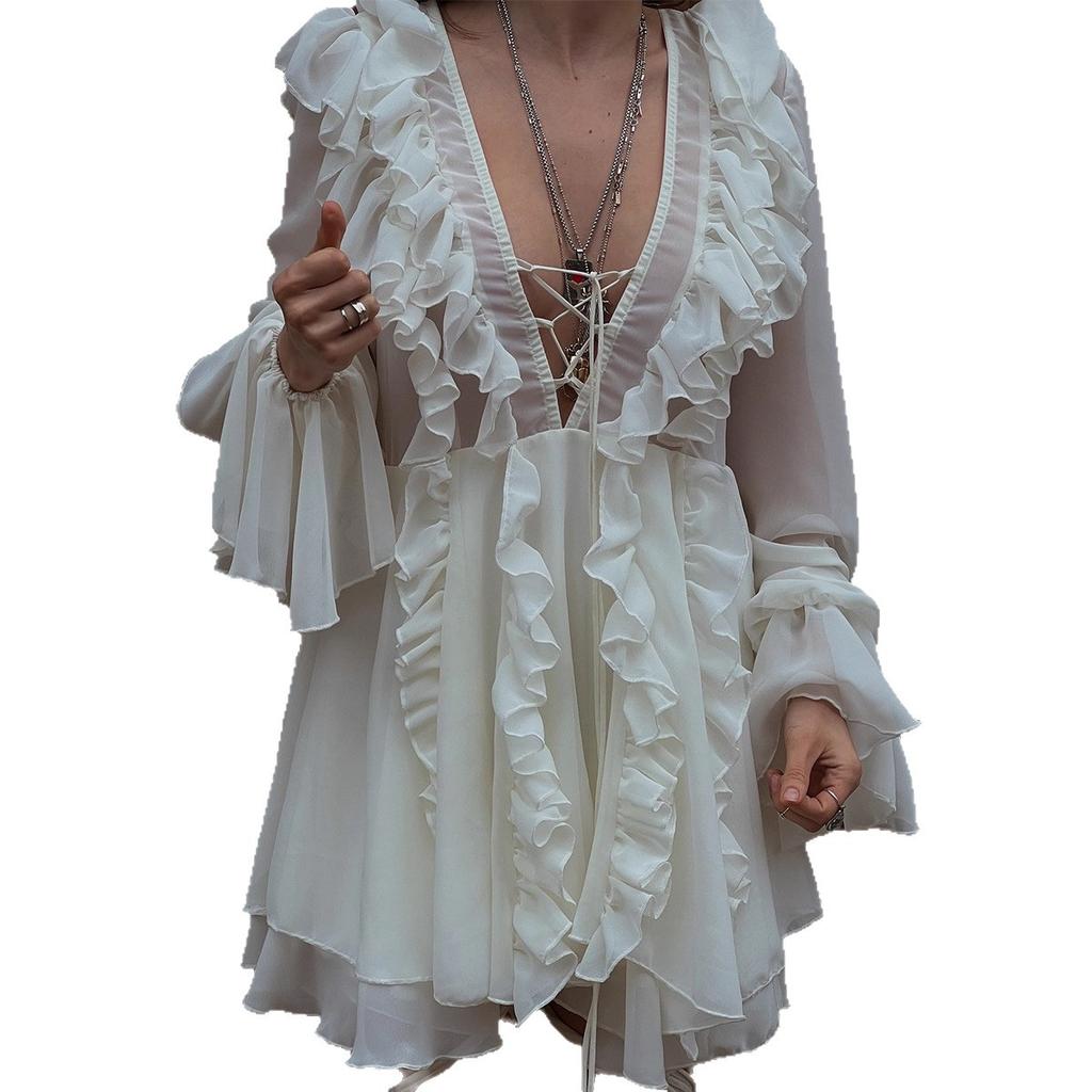 Lotus Leaf Edge Long-sleeved Dress European and American Summer New Women's V-neck Chiffon Strap Short Dress Dress