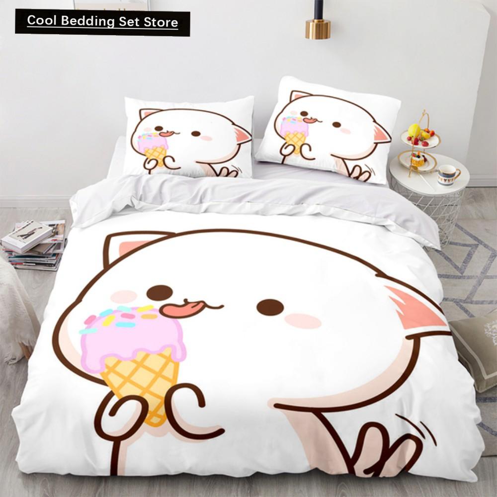 Lovely Peach Cat Bedding Set Cartoon Comforter Sets Double Queen King Twin Full Size Duvet Cover Set Kids Girls White Bed Linen