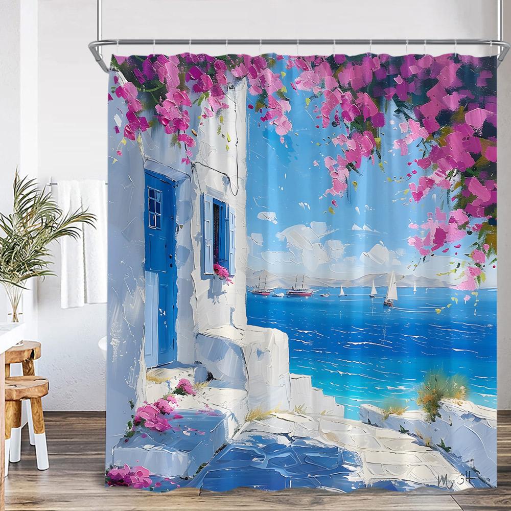 Griechische Stadtlandschaft Ölgemälde Duschvorhang Venedig Italien Straßenansicht Europäische Landschaft Badezimmer Dekor Polyester Badvorhang