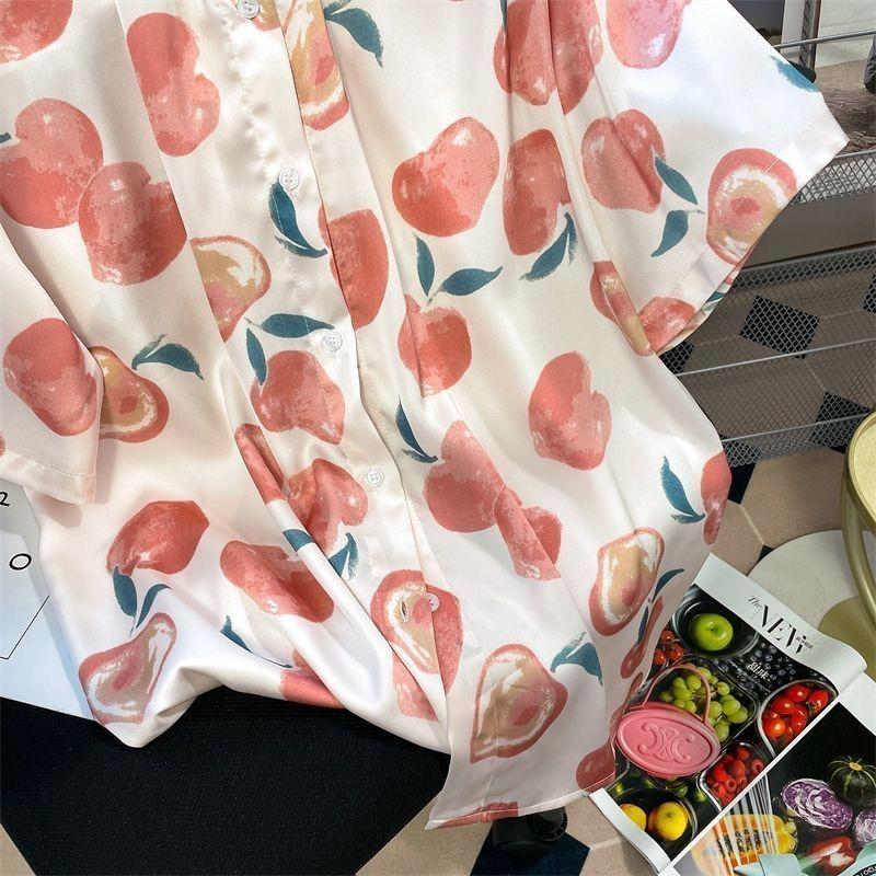 Women's Peach Print Short Sleeve Shirt Thin Casual Versatile Lapel Shirts 2025 Summer Japanese Retro Single Breasted Top